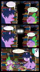 Size: 667x1198 | Tagged: safe, artist:bigsnusnu, princess celestia, spike, twilight sparkle, alicorn, dragon, pony, unicorn, comic:dusk shine in pursuit of happiness, g4, book, book fort, caught, comic, dialogue, dusk shine, glowing eyes, rule 63, silhouette, this will end in death, this will end in tears and/or death, trollestia, two kids gon' die tonight, unicorn dusk shine
