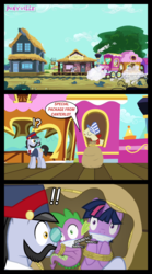 Size: 667x1198 | Tagged: safe, artist:bigsnusnu, spike, twilight sparkle, dragon, earth pony, pony, unicorn, comic:dusk shine in pursuit of happiness, g4, carriage, comic, dialogue, dusk shine, friendship express, literal shipping, ponyville train station, prank, rope, rule 63, sack, tied up, train, unicorn dusk shine, unsexy bondage