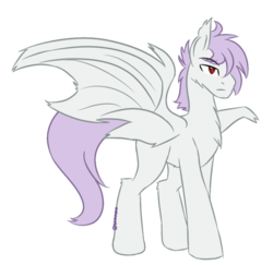 Size: 600x584 | Tagged: safe, artist:sinamuna, oc, oc only, oc:laplace demon, bat pony, pony, base used, bat wings, full body, male, purple hair, red eyes, simple background, solo, stallion, transparent background, white fur, wings