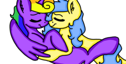 Size: 1280x656 | Tagged: safe, oc, alicorn, earth pony, pony, cuddling, eyes closed, female, lesbian, mare, oc x oc, romance, shipping, simple background, smiling, tired, white background