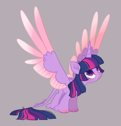 Size: 1280x1334 | Tagged: safe, artist:nemovonsilver, twilight sparkle, alicorn, pony, g4, cloven hooves, colored hooves, colored wings, cute, female, gradient wings, gray background, horn, leonine tail, looking up, mare, open mouth, simple background, solo, spread wings, twilight sparkle (alicorn), unshorn fetlocks, wings