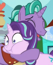 Size: 379x464 | Tagged: safe, screencap, firelight, starlight glimmer, pony, unicorn, g4, the parent map, chipmunk cheeks, cropped, female, hug, male, mare, nose wrinkle, puffy cheeks, stallion