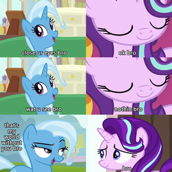 Size: 1200x1200 | Tagged: safe, edit, edited screencap, screencap, starlight glimmer, trixie, pony, unicorn, g4, bro posts, bromance, c:, comic, cute, eye contact, eyes closed, female, lesbian, lidded eyes, looking at each other, mare, meme, raised eyebrow, ship:startrix, shipping, smiling