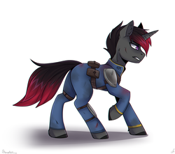 Size: 2600x2300 | Tagged: safe, artist:serodart, oc, oc only, pony, unicorn, fallout equestria, angry, armor, clothes, fallout, gritted teeth, high res, injured, jumpsuit, male, simple background, solo, teeth, vault suit, white background