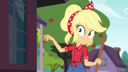 Size: 1920x1080 | Tagged: safe, screencap, applejack, equestria girls, five to nine, g4, my little pony equestria girls: better together, broom, female, geode of super strength, headband, magical geodes, solo