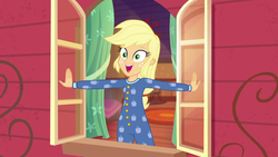 Size: 1920x1080 | Tagged: safe, screencap, applejack, equestria girls, five to nine, g4, my little pony equestria girls: better together, applejack's bedroom, clothes, female, open mouth, open smile, pajamas, smiling, solo, window