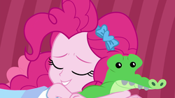 Size: 1920x1080 | Tagged: safe, screencap, gummy, pinkie pie, equestria girls, g4, my little pony equestria girls: better together, pinkie sitting, bow, couch, cuddling, cute, diapinkes, grin, hug, jewelry, plushie, sleeping, smiling, tiara