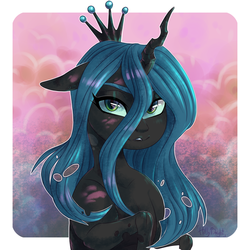 Size: 1600x1600 | Tagged: safe, artist:hollybright, queen chrysalis, changeling, changeling queen, g4, cute, cutealis, female, human face, round face, smiling, solo