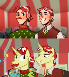 Size: 1280x1427 | Tagged: safe, artist:apchuyuji, artist:aphphphphp, screencap, flam, flim, human, pony, unicorn, g4, my little pony best gift ever, clothes, facial hair, flim flam brothers, grin, handsome, humanized, male, moustache, scene interpretation, smiling, stallion, sweater, winter outfit