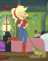 Size: 741x945 | Tagged: safe, screencap, applejack, equestria girls, equestria girls series, five to nine, g4, applejack's bedroom, boots, clothes, cowboy boots, cropped, denim, eyes closed, female, geode of super strength, jeans, magical geodes, pants, solo