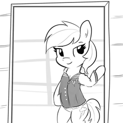 Size: 1155x1155 | Tagged: safe, artist:tjpones, rainbow dash, pegasus, pony, g4, bipedal, chest fluff, clothes, description is relevant, doorway, drawthread, drive, ear fluff, female, monochrome, ponified, request, requested art, ryan gosling, solo, varsity jacket, wonderbolts logo