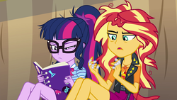Size: 1920x1080 | Tagged: safe, screencap, sci-twi, sunset shimmer, twilight sparkle, equestria girls, equestria girls series, g4, rollercoaster of friendship, bandage, clothes, duo, gem, geode of empathy, glasses, jacket, magical geodes, messy hair