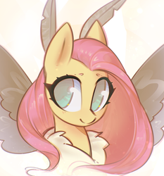 Size: 1404x1505 | Tagged: safe, artist:mirroredsea, fluttershy, monster pony, moth, mothpony, original species, pony, g4, female, fluttermoth, mare, smiling, solo, species swap