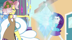 Size: 1920x1080 | Tagged: safe, screencap, rarity, sunset shimmer, vignette valencia, equestria girls, equestria girls specials, g4, my little pony equestria girls: better together, my little pony equestria girls: rollercoaster of friendship, alternate hairstyle, clothes, dress, geode of shielding, hologram, magical geodes, rarity peplum dress, shield