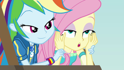 Size: 1920x1080 | Tagged: safe, screencap, fluttershy, rainbow dash, equestria girls, equestria girls specials, g4, my little pony equestria girls: better together, my little pony equestria girls: rollercoaster of friendship, duo, female, geode of fauna, geode of super speed, magical geodes, open mouth, out of context, photo booth (song), shipping fuel