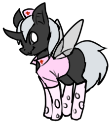 Size: 1547x1702 | Tagged: safe, artist:neoncel, oc, oc only, oc:silver lies, pony, chibi, clothes, medic, socks, solo, white changeling