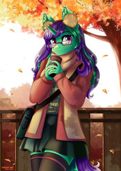 Size: 707x1000 | Tagged: safe, artist:lifejoyart, oc, oc only, oc:buggy code, unicorn, anthro, anthro oc, bag, clothes, coffee, commission, cup, cute, drink, earmuffs, female, glasses, jacket, looking at you, mare, moe, scarf, skirt, smiling, socks, solo, thigh highs, tree, ych result, zettai ryouiki