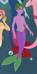 Size: 239x473 | Tagged: safe, artist:azaleasdolls, fluttershy, pinkie pie, rainbow dash, spike, merboy, merman, g4, cropped, fins, male, mermaid maker, mermanized, offscreen character, tail, the little mermaid