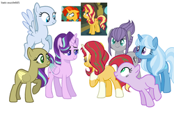 Size: 2056x1344 | Tagged: safe, alternate version, artist:the-75th-hunger-game, maud pie, starlight glimmer, sunburst, sunset shimmer, trixie, alicorn, pegasus, pony, unicorn, g4, alicornified, alternate hairstyle, alternate timeline, alternate universe, base, base used, deuterverse, flying, race swap, smiling, starlicorn, wip