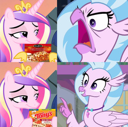 Size: 1256x1248 | Tagged: safe, edit, edited screencap, screencap, princess cadance, silverstream, classical hippogriff, hippogriff, pony, g4, three's a crowd, what lies beneath, angry, birb, cheap, cropped, cute, diastreamies, faic, female, food, frown, glare, holding, lasagna, meat, meme, open mouth, pasta, peetzer, pepperoni, pepperoni pizza, pizza, ponies eating meat, smiling, smirk, smug, solo, spread wings, that pony sure does love pizza, wings