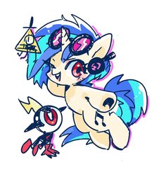 Size: 980x1098 | Tagged: safe, artist:sibashen, dj pon-3, vinyl scratch, pony, unicorn, g4, bill cipher, commander peepers, crossover, female, glasses, gravity falls, male, mare, marker drawing, one eye closed, traditional art, wander over yonder, wink