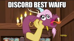 Size: 640x359 | Tagged: safe, edit, edited screencap, screencap, discord, draconequus, discordant harmony, g4, caption, cute, derp, discovery family logo, discute, faic, male, meme, solo, text, waifu