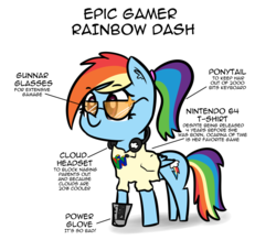 Size: 1745x1522 | Tagged: safe, artist:artiks, rainbow dash, pegasus, pony, g4, 1337, 20% cooler, alternate hairstyle, clothes, cyberpunk, epic, female, glasses, headset, mare, misspelling, nintendo 64, ponytail, power glove, shirt, smiling, solo, t-shirt