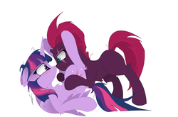 Size: 2530x1665 | Tagged: safe, alternate version, artist:groomlake, fizzlepop berrytwist, tempest shadow, twilight sparkle, alicorn, pony, unicorn, g4, my little pony: the movie, blushing, colored, female, lesbian, love, lying down, mare, ship:tempestlight, shipping, simple, simple background, snuggling, twilight sparkle (alicorn), white background