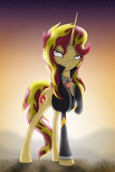 Size: 2584x3864 | Tagged: safe, artist:omnisimon11, sunset shimmer, pony, unicorn, g4, alicorn amulet, clothes, equestria girls outfit, female, high res, horn, jacket, mare, sharp horn, solo, sunset