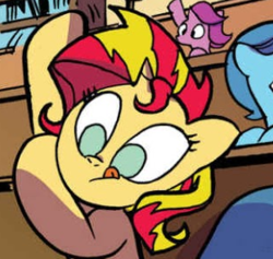 Size: 311x295 | Tagged: safe, artist:andy price, idw, official comic, spring rain, sunset shimmer, pony, unicorn, g4, spoiler:comic, spoiler:comic68, bleachers, cropped, cute, female, filly, foal, raised hoof, shimmerbetes, solo focus, tempest's tale, younger
