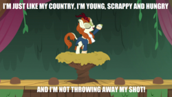 Size: 1280x720 | Tagged: safe, edit, edited screencap, screencap, autumn blaze, pony, g4, sounds of silence, caption, curtains, female, hamilton, image macro, impact font, my shot, nest, raised hoof, reference, solo, song reference, stage, text