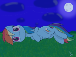 Size: 1500x1125 | Tagged: safe, artist:augjodo, rainbow dash, pony, g4, colored, digital art, female, looking at you, mare, moon, night, on side