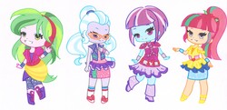 Size: 2332x1132 | Tagged: safe, artist:ocean-drop, lemon zest, sour sweet, sugarcoat, sunny flare, equestria girls, equestria girls specials, g4, my little pony equestria girls: dance magic, chibi, looking at you, shoes, smiling, sneakers