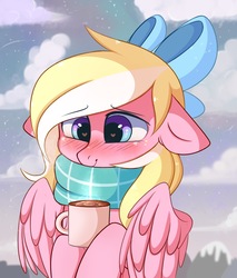 Size: 2724x3195 | Tagged: safe, artist:pesty_skillengton, oc, oc only, oc:bay breeze, pegasus, pony, arm hooves, blushing, bow, clothes, coffee, cute, daaaaaaaaaaaw, female, hair bow, heart eyes, high res, hnnng, mare, ocbetes, scarf, snow, solo, weapons-grade cute, wingding eyes, ych result