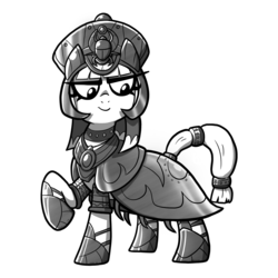 Size: 3000x3000 | Tagged: safe, artist:fimflamfilosophy, oc, oc only, oc:high priestess tathra, beetle, pony, buck legacy, armor, black and white, card art, egyptian, female, grayscale, helmet, high res, jewelry, mare, monochrome, necklace, simple background, solo, thick eyebrows, thick eyelashes, tiara, transparent background