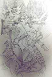 Size: 1006x1484 | Tagged: safe, artist:alienpauline483, sci-twi, sunset shimmer, twilight sparkle, equestria girls, g4, my little pony equestria girls: friendship games, armpits, daydream shimmer, midnight sparkle, monochrome, pencil drawing, traditional art