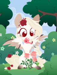 Size: 4000x5259 | Tagged: safe, artist:belka-sempai, oc, oc only, pegasus, pony, absurd resolution, bush, cloud, cute, female, flower, flower in hair, grass, lineless, mare, mouth hold, sky, smiling, solo, spread wings, tree, water, watering can, wings