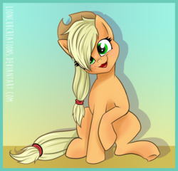 Size: 1530x1470 | Tagged: safe, artist:lioncubcreations, applejack, earth pony, pony, g4, cute, female, head tilt, jackabetes, mare, silly, silly pony, sitting, smiling, solo, text, who's a silly pony