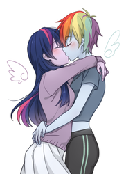 Size: 800x1100 | Tagged: safe, artist:dcon, rainbow dash, twilight sparkle, human, equestria girls, g4, blushing, duo, eyebrows, eyebrows visible through hair, female, hug, kiss on the lips, kissing, lesbian, ship:twidash, shipping, simple background, white background