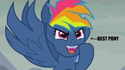 Size: 1280x720 | Tagged: safe, edit, edited screencap, screencap, rainbow dash, g4, secrets and pies, adorabolical, arrow, best pony, caption, cute, cute little fangs, evil grin, evil pie hater dash, fangs, flying, grin, image macro, impact font, overcast, smiling, text
