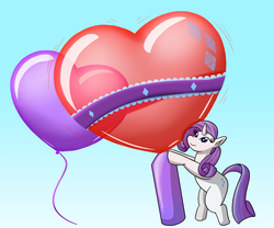 Size: 1800x1500 | Tagged: safe, artist:thiridian, rarity, pony, unicorn, g4, balloon, bipedal, blowing up balloons, female, heart balloon, helium tank, inflating, mare, smiling, solo, that pony sure does love balloons