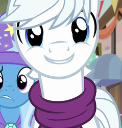 Size: 686x719 | Tagged: safe, screencap, double diamond, trixie, earth pony, pony, unicorn, g4, to where and back again, clothes, cropped, female, male, mare, scarf, smiling, stallion