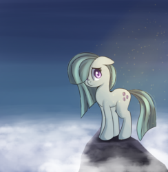 Size: 2066x2121 | Tagged: safe, artist:brok-enwings, marble pie, earth pony, pony, g4, cloud, female, hair over one eye, high res, mare, rock, solo