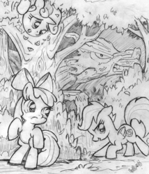 Size: 1024x1197 | Tagged: safe, artist:yewdee, apple bloom, scootaloo, sweetie belle, earth pony, pegasus, pony, timber wolf, unicorn, g4, cutie mark crusaders, female, filly, monochrome, this will end in tears and/or death and/or covered in tree sap, traditional art