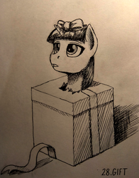 Size: 943x1200 | Tagged: safe, artist:sa1ntmax, twilight sparkle, pony, g4, bow, box, female, filly, gift wrapped, inktober, inktober 2018, monochrome, pony in a box, solo, traditional art