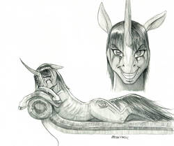 Size: 1024x858 | Tagged: safe, artist:baron engel, oc, oc only, oc:prophecy, pony, unicorn, couch, curved horn, female, floppy ears, grayscale, grin, horn, mare, monochrome, multiple personality, pencil drawing, ribcage, ribs, simple background, smiling, solo, story included, thin, traditional art, white background