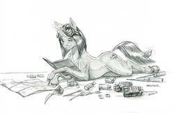 Size: 1024x668 | Tagged: safe, artist:baron engel, oc, oc only, oc:last thing, pony, unicorn, arrow, bayonet, book, brush, brushie, dynamite, explosives, female, goggles, grayscale, magic, mare, monochrome, pencil drawing, plans, simple background, solo, story included, telekinesis, traditional art, white background