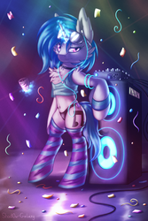 Size: 2304x3444 | Tagged: safe, artist:shad0w-galaxy, dj pon-3, vinyl scratch, pony, unicorn, semi-anthro, g4, arm hooves, belly button, bipedal, bipedal leaning, black background, black underwear, chest fluff, clothes, drunk, female, high res, leaning, magic, patreon, patreon preview, simple background, smiling, socks, stockings, striped socks, thigh highs, underwear