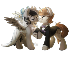 Size: 1280x1005 | Tagged: safe, artist:blitzpony, oc, oc only, pegasus, pony, unicorn, boop, bowtie, chest fluff, clothes, commission, dress, ear fluff, eyes closed, female, holding hooves, horn, horn jewelry, horn ring, jewelry, leg fluff, male, mare, nose wrinkle, noseboop, raised hoof, smiling, spread wings, stallion, suit, wedding dress, wing jewelry, wing ring, wings