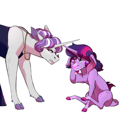 Size: 3000x3000 | Tagged: safe, artist:uunicornicc, twilight sparkle, twilight velvet, classical unicorn, pony, unicorn, g4, abuse, angry, bojack horseman, cloven hooves, colored hooves, crying, female, filly, high res, horn, leonine tail, mother and daughter, out of character, reference, simple background, story in the source, twilybuse, unicorn twilight, unshorn fetlocks, white background